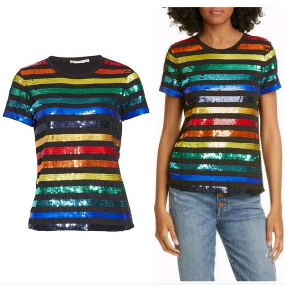 Alice + Olivia Rylyn Sequin Rainbow Stripe Tee size XS - Picture 8 of 12